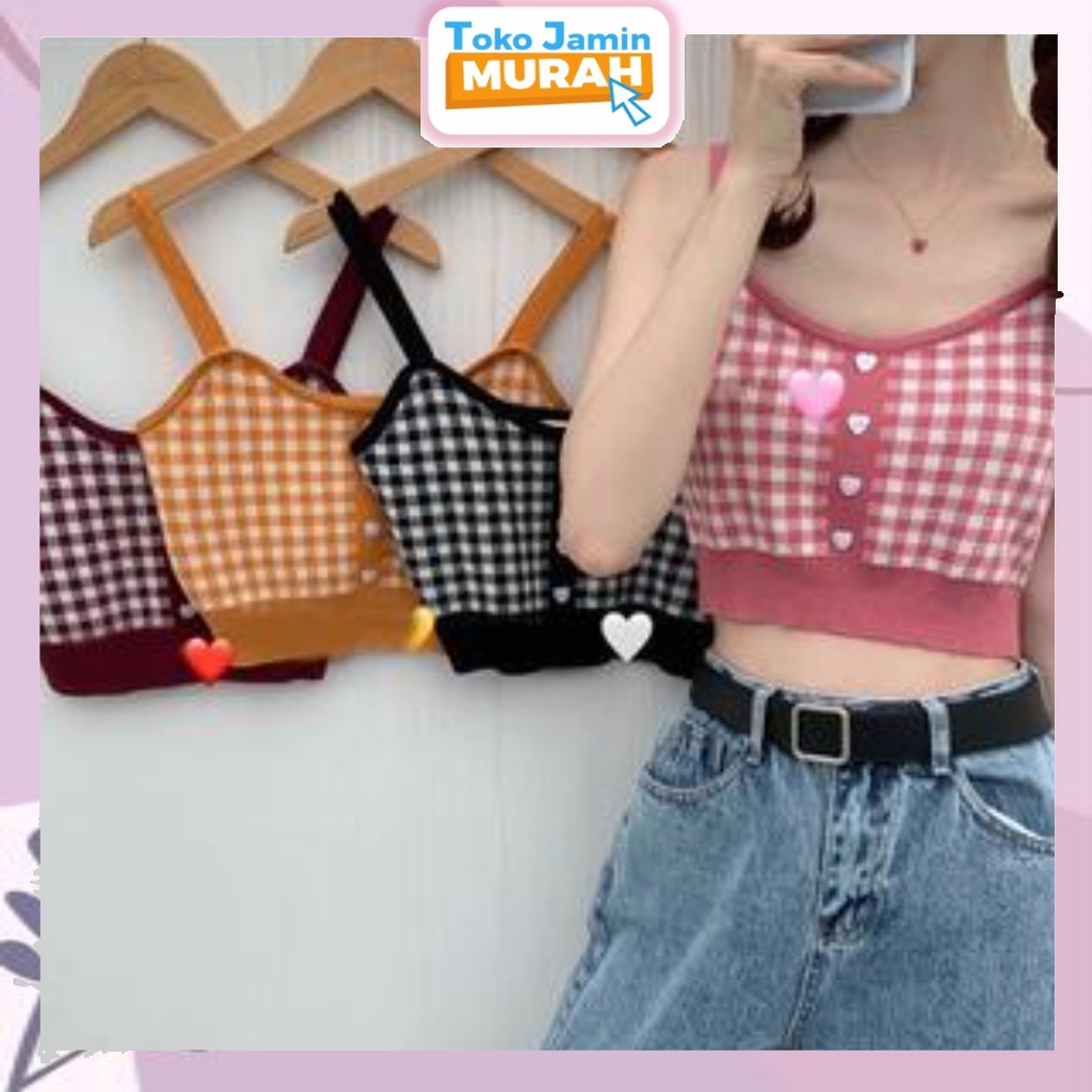 TJM BJ337 TankTop Crop Wanita Motif Kotak - Kotak Korean Square Knit Tanktop Fashion Tanpa Lengan