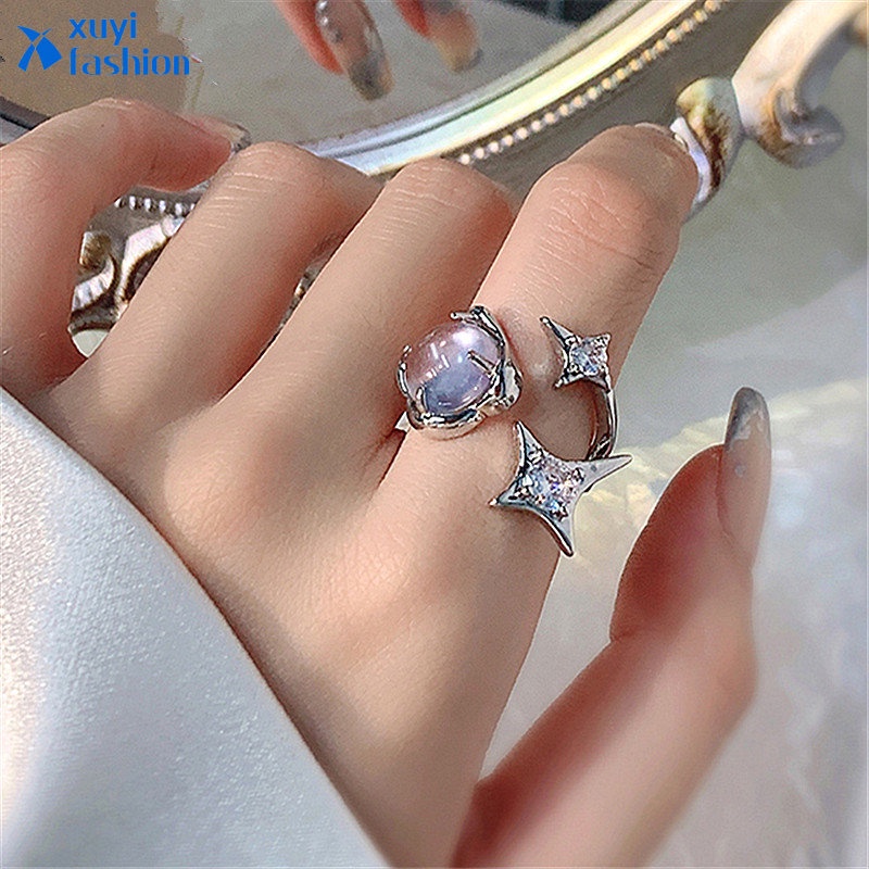 Cincin Silver Bentuk Bintang Asimetris Hias Kristal Opal Kilau Untuk Wanita