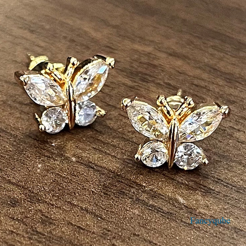 Fancyqube Anting Stud Desain Kupu-Kupu Warna Emas Silver Untuk Wanita