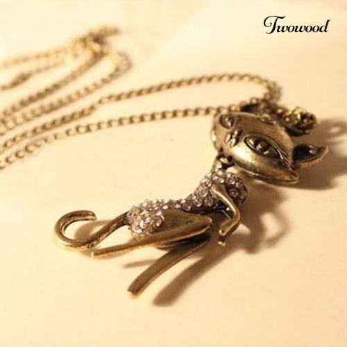 Kalung Rantai Dengan Liontin Bentuk Kucing Aksen Berlian Imitasi Gaya Vintage Untuk Wanita