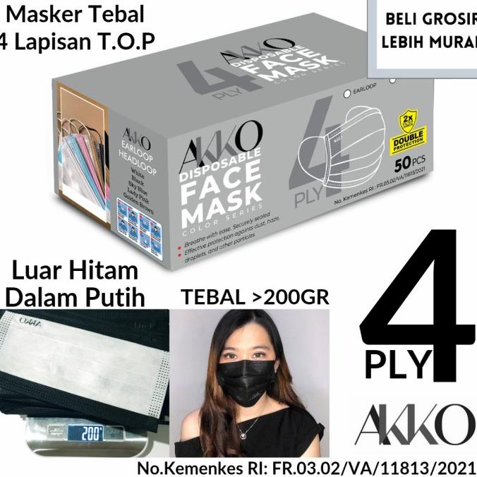 MASKER EARLOOP HITAM 3PLY AKKO ORIGINAL KEMENKES LUAR HITAM DalamPUTIH t-handgel Murah