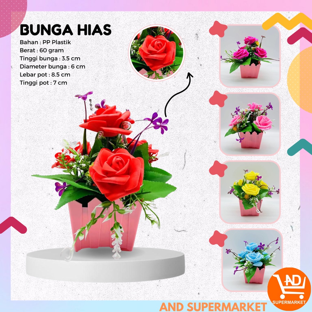 AND / COD / Pot Tanaman Bunga Mawar Hias Plastik Dekorasi Rumah Murah Bunga Hias Mini Artificial Flowers PBP105