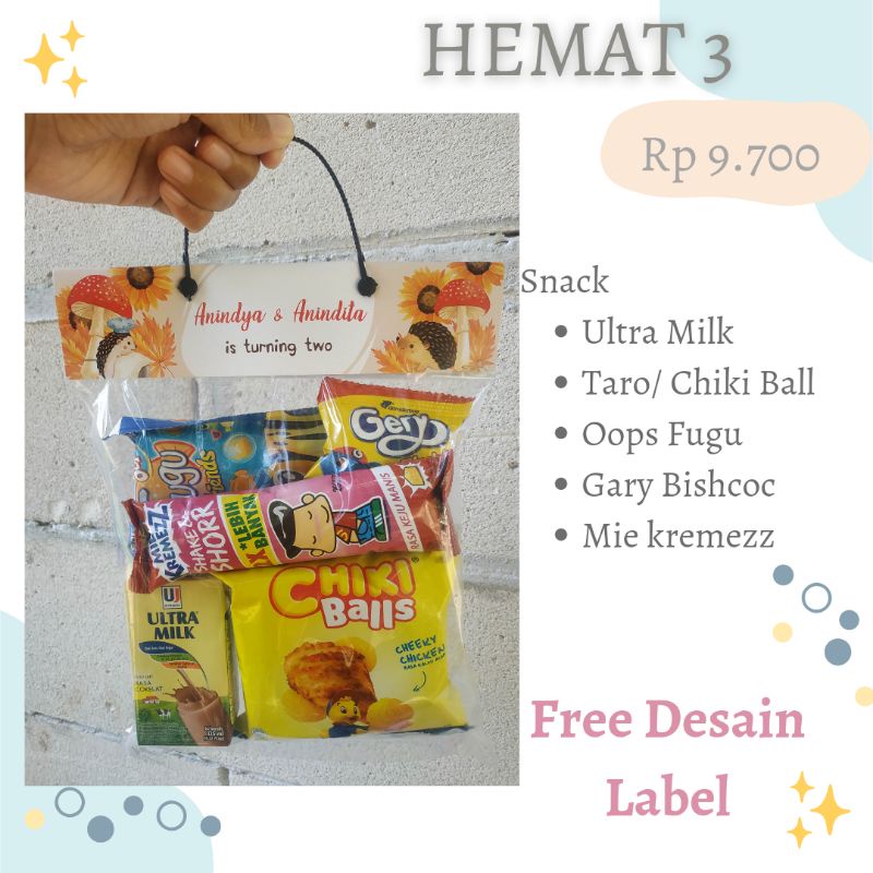 

Bingkisan Paket Snack Ulang Tahun Anak Costum Label