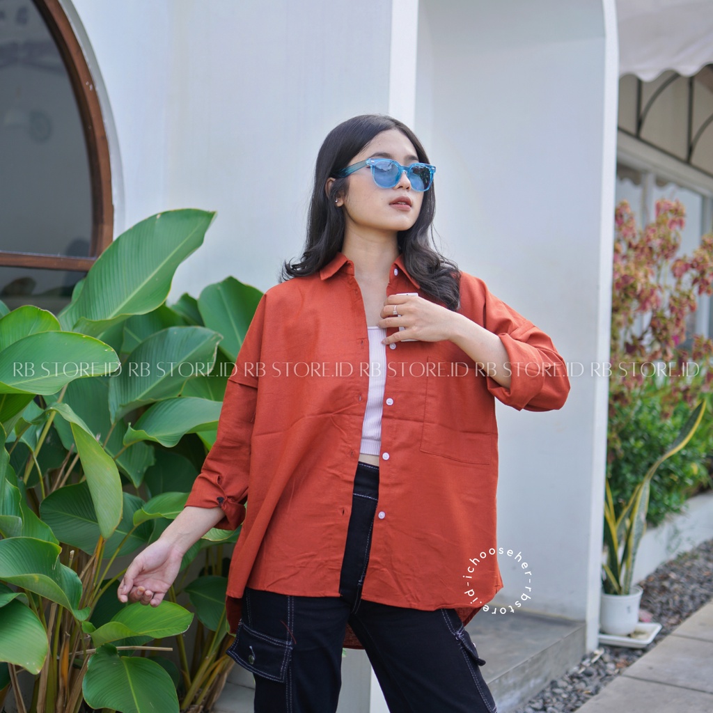 Kemeja Wanita Linen Oversize Olivia Shirt Linen Pocket-OLIVIA TERACOTTA