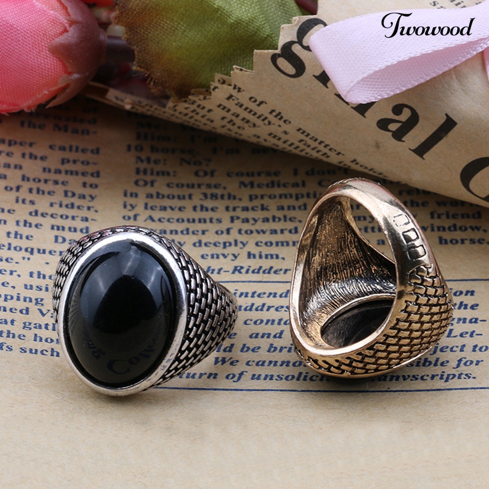 Cincin Batu Permata Buatan Bentuk Oval Gaya Vintage Punk Gothic Untuk Pria