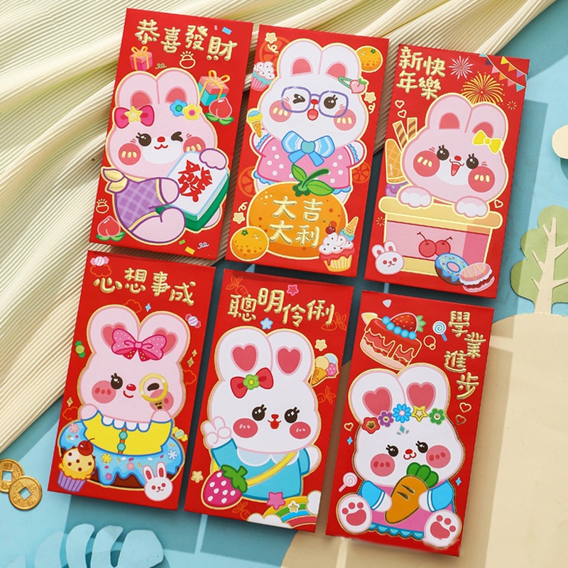 6pcs Amplop Angpao Tahun Baru Cina / Imlek Desain Kartun Kelinci Warna Merah Tipe 3 / 2023