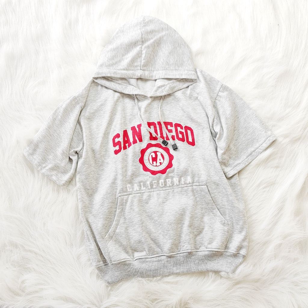 Hoodie San Diego Short Sleeve Bahan Fleece Allsize Baju Wanita Hodie Sweater Sweatshirt Tangan Pendek