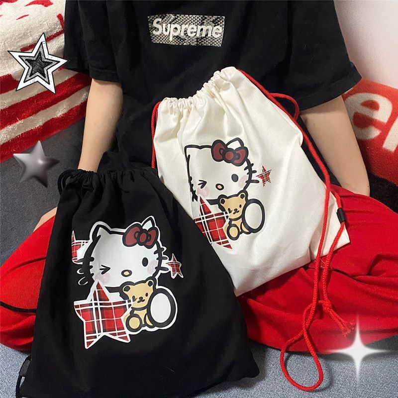 Sera sweetheart EGG original homemade spoof hellokitty shoulder canvas bag cute y2k star drawstring bag