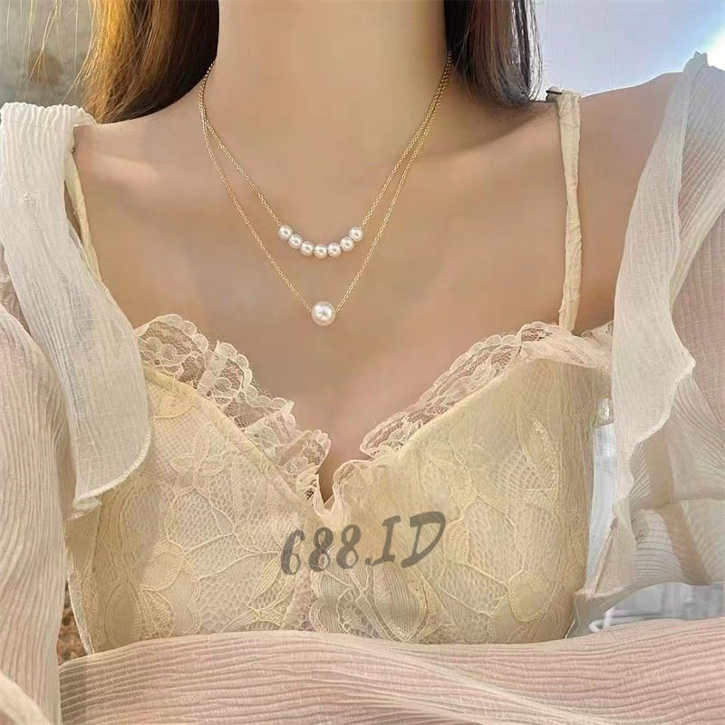 Kalung Wanita Korea Mutiara Double Layer Rantai Dua Lapis  Multilayer Evelyn Pearl Korean Necklace Fashion Kekinian NL 08