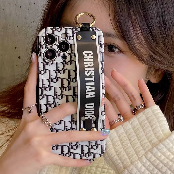 Case Bahan Silikon Motif Christian Dior Leaf Dengan Wristband Untuk IPhone Xr Xs 14 Plus Ip 11 12 13 14 Pro Max