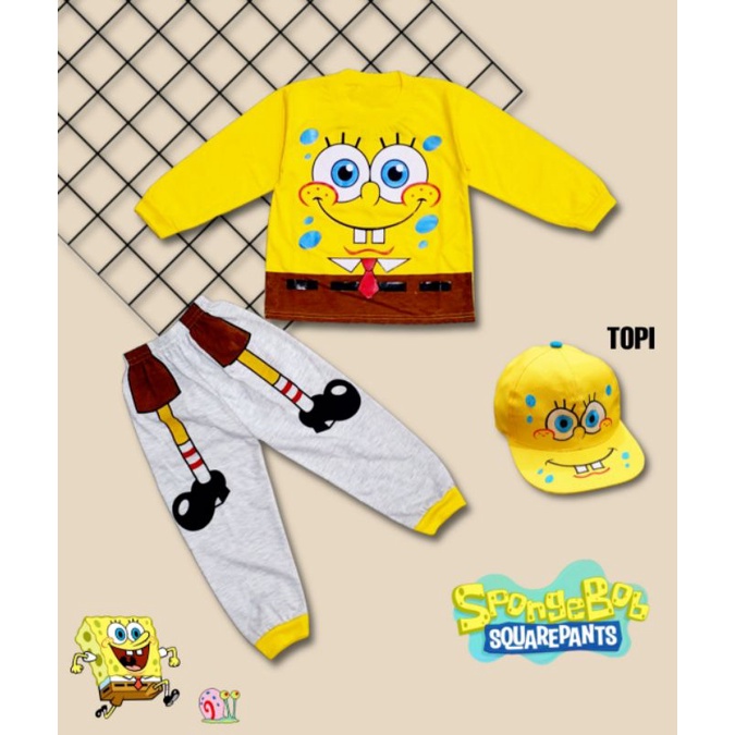 SETELAN PANJANG ANAK KARAKTER SPONGEBOB USIA 1-10THN DAPAT TOPI/PIYAMA ANAK SPONGEOB/TOPI SPONGEBOB