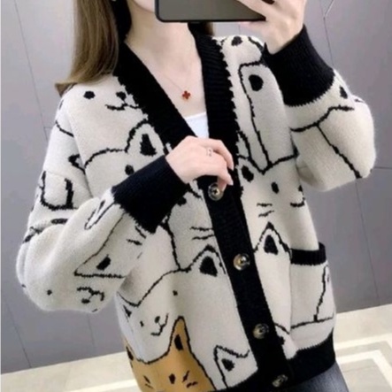 Harajuku Cardigan Cartoon Cat Rajut Knit Outer Premium Tebal