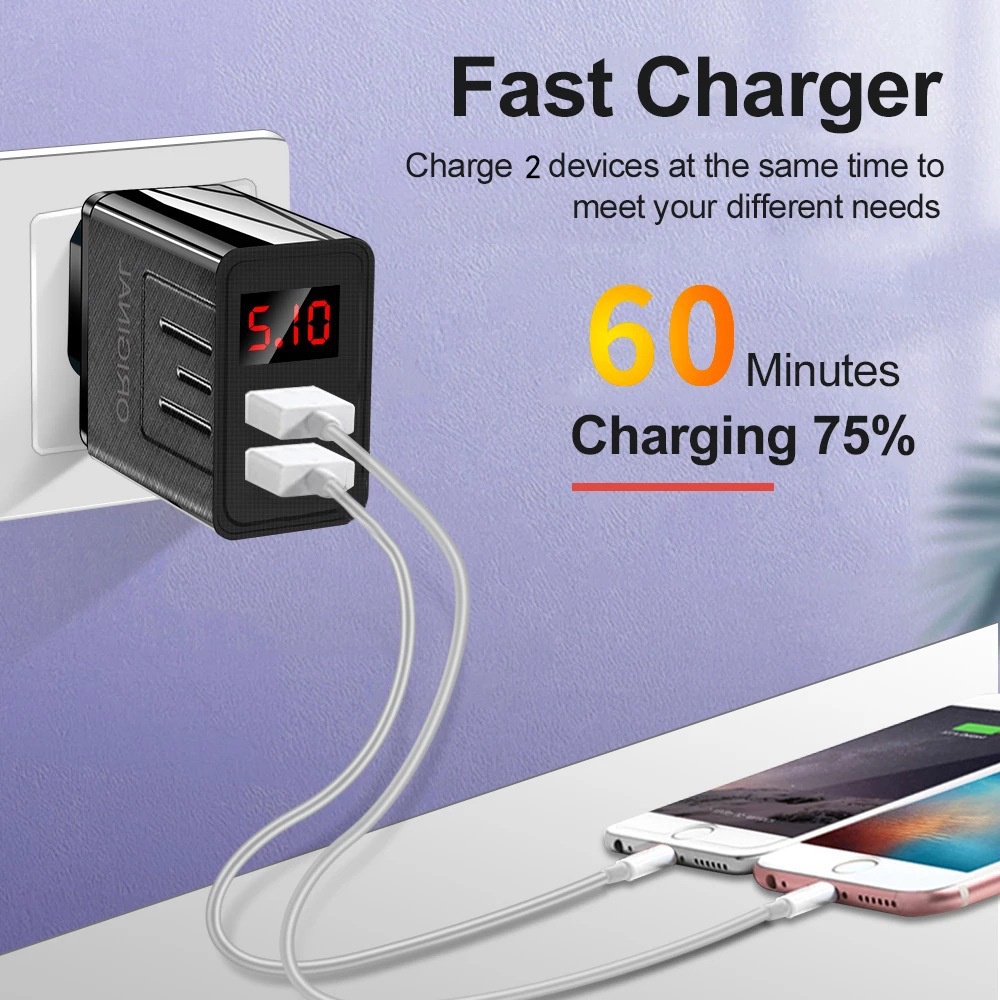 Adapter Charger 2 Port USB Tipe-C Fast Charging Display LED Untuk Iphone / Android