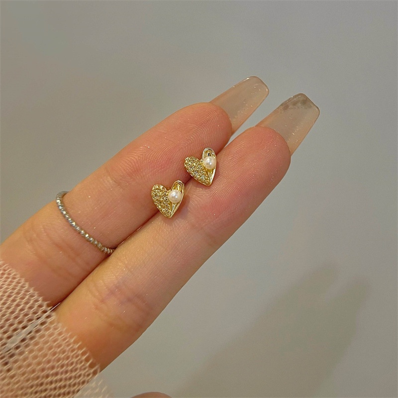Anting S925 Silver Needle Bentuk Hati Mutiara Mini Warna Emas Bahan Alloy Untuk Wanita
