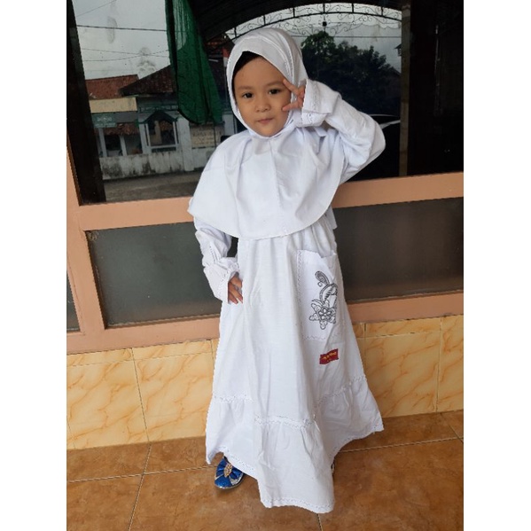Gamis Anak Putih Promo Plus Hijab Katun Lembut || Gamis Anak Putri 3-14 Thn Adem Empuk Original