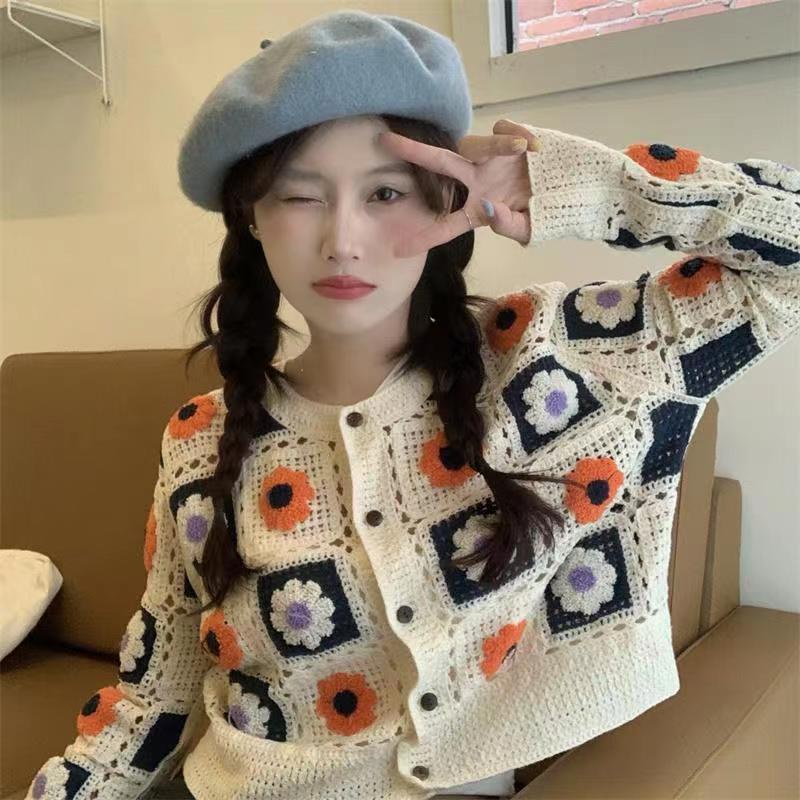 YIU YIU Rajut - Cardigan Rajut Premium Wanita Bunga Lengan Panjang Outer Wanita