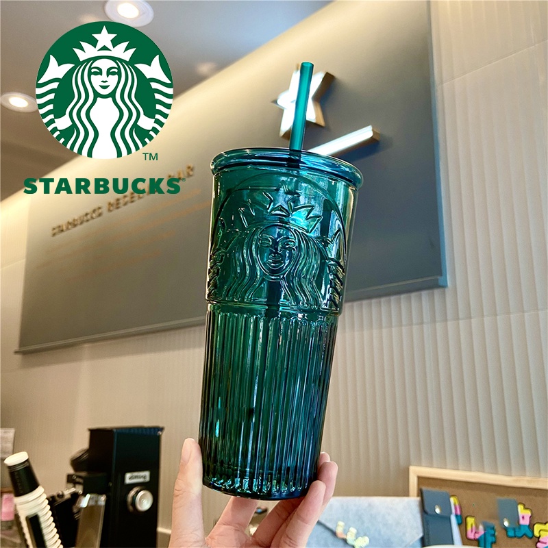 Original 100% 600ML Starbucks Dark Green Goddess Glass High Color Straw Cup Starbucks Tumbler