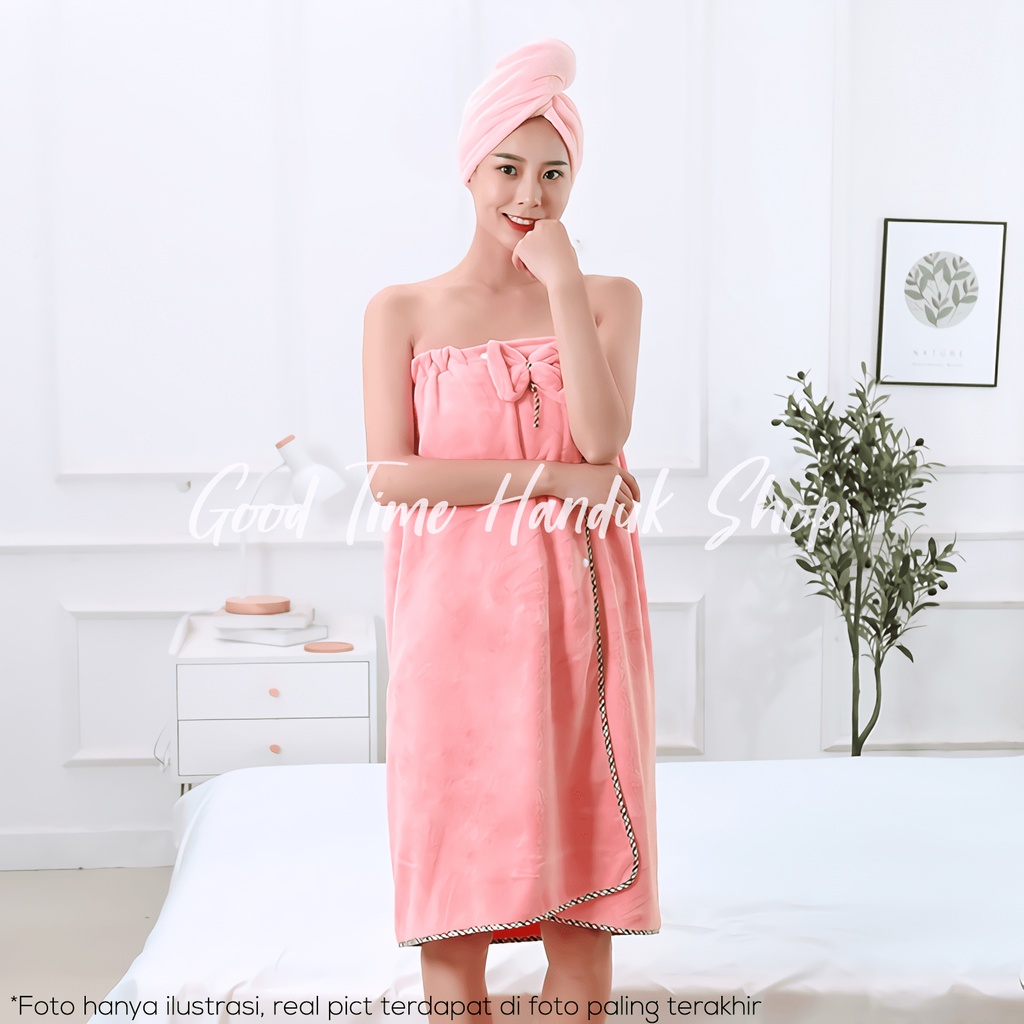 Handuk Kimono &amp; Handuk Keramas Import 80x140cm Wearable Towel Rok Mandi Handuk Dress Set Micro Bulu Towel