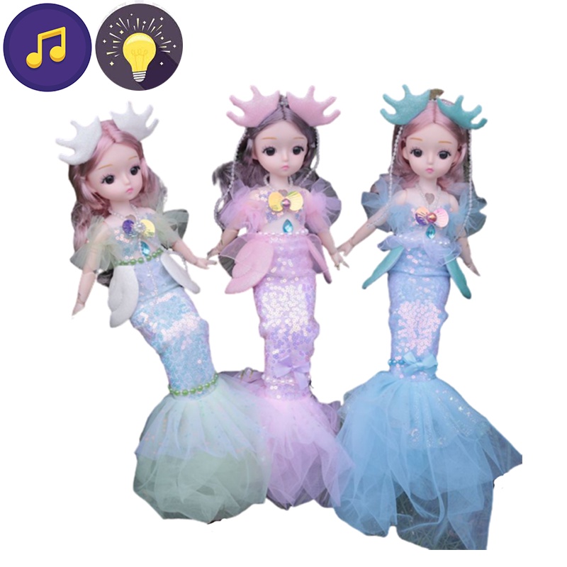 Mainan Boneka Barbie Bercahaya Musik Mermaid Putri Bergerak Sendi Ikan Hadiah Ekor