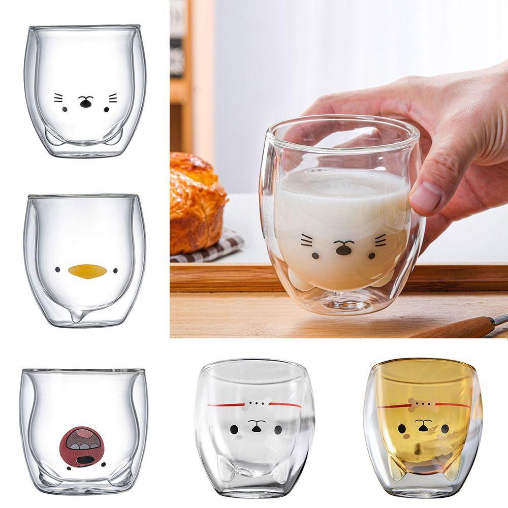 Solighter Animal Double-layer Glass Mug Cangkir Air Anjing Kucing Lucu