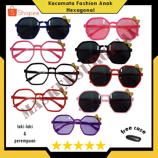Kacamata Anak Full Bingkai Bentuk Hexagonal New Trend Anak Terbaru Lensa Normal Aksen Pita Kecil Luc