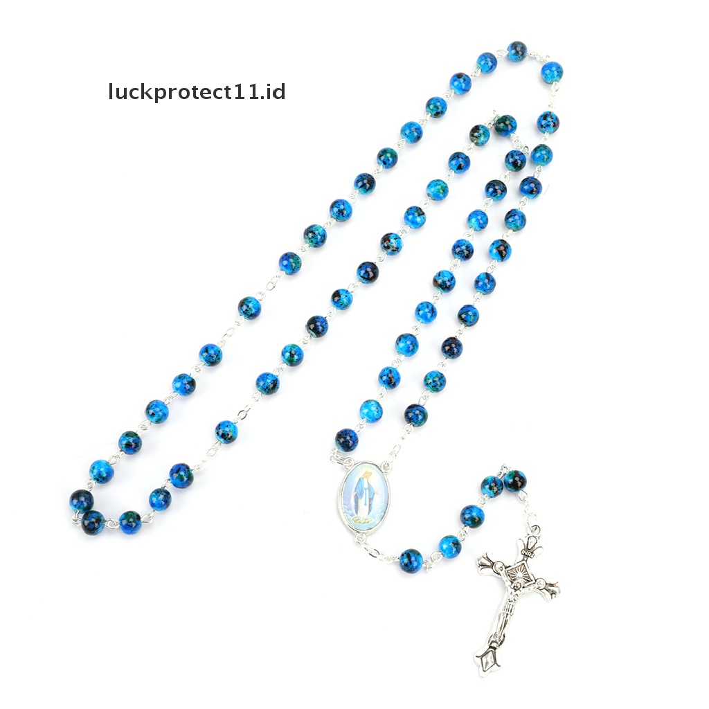 Kalung Rosario Katolik Desain Manikmanik Kaca Bulat Biru Ukuran Kecil