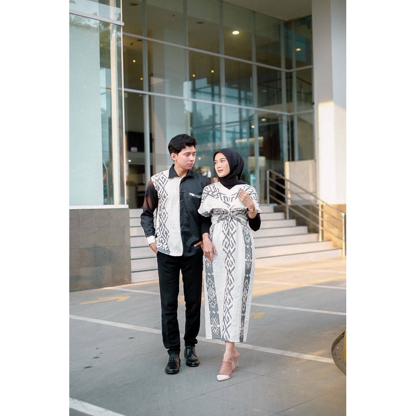 COUPLE DRESS KARTIKA IVORY PUTIH&amp; KEMEJA TENUN IKAT ORY LENGAN PANJANG DEBBY STORE