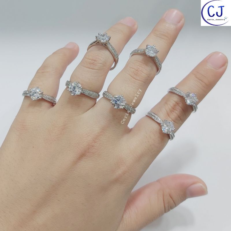 Cincin Perak Asli Silver 925 Lapis Emas Putih Model Desi Soliter Permata Full - Perhiasan Perak Asli Cincin Perak Anti Karat