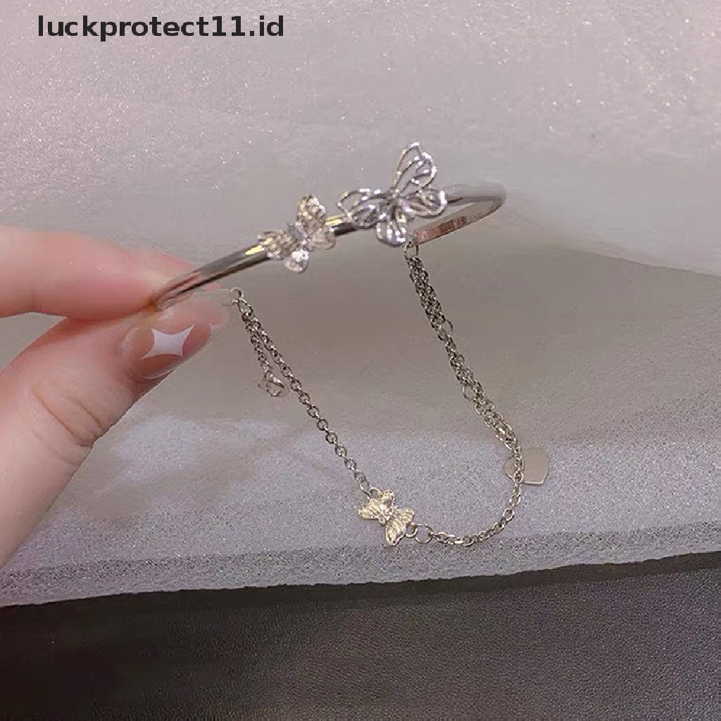 Gelang Rantai Rumbai Model Double Layer Desain Kupu-Kupu Dapat Disesuaikan Untuk Wanita