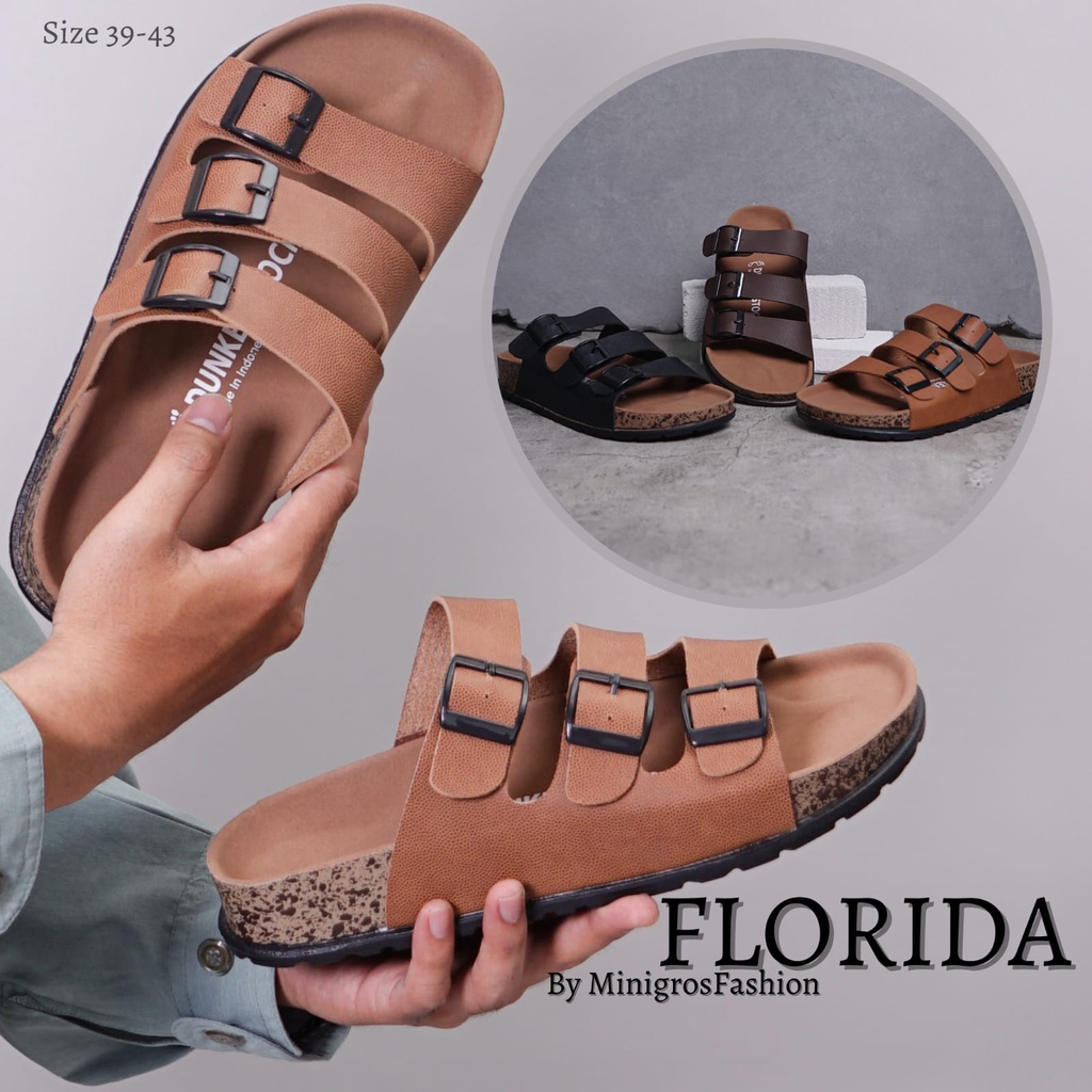 Dunkenstock FLORIDA Sandal Slop Pria Sendal Cowok Keren Selop Model Birken Ban Tiga Gesper Kulit Sol Karet Terbaru