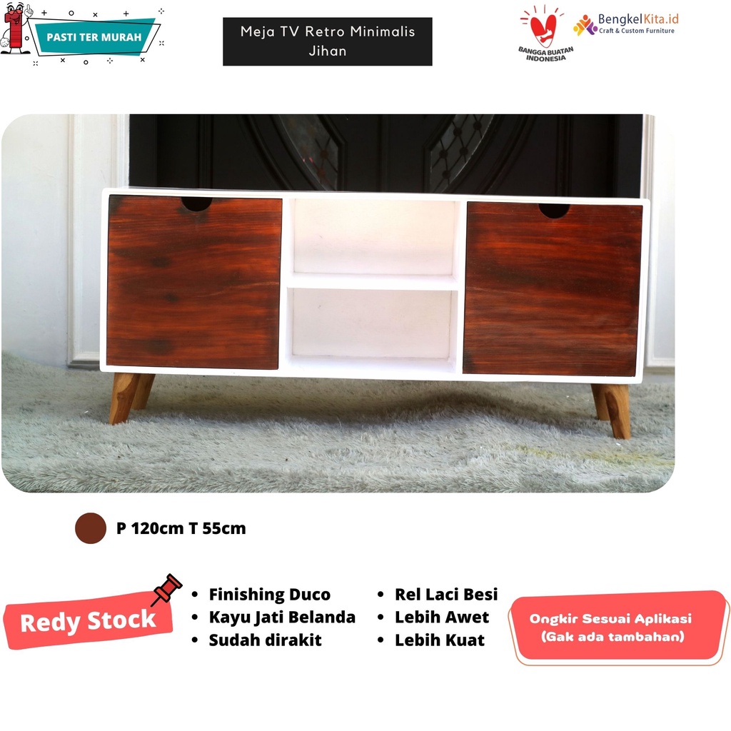 Meja TV Minimalis Jihan | Meja TV Retro | Meja Kayu Jati Belanda Oven | Meja Rak TV Minimalis | Kayu Solid Duco Premium Quality