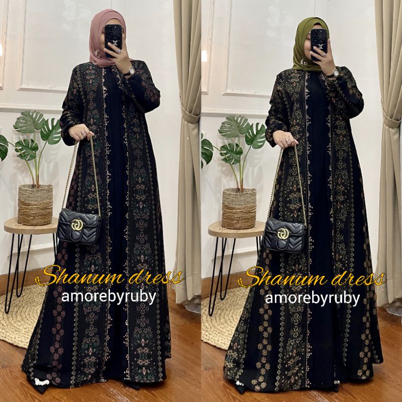 SHANUM DRESS AMORE BY RUBY MOTIF BUNGA BAHAN PRADA CREPE GAMIS TERBARU DRESS MUSLIM ABAYA BAJU WANIT