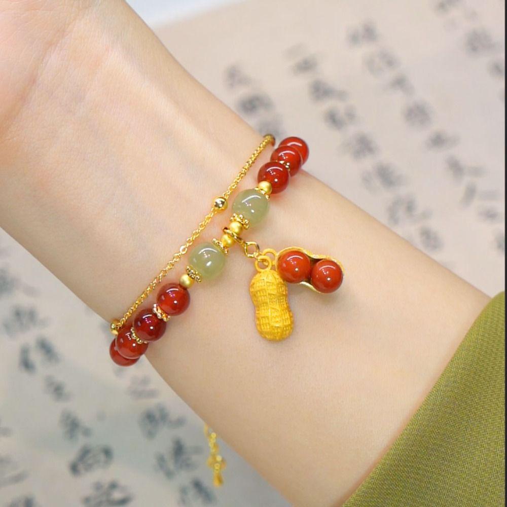 Gelang Rantai Ganda Manik-Manik Mutiara Emas Gaya China Antik Dapat Disesuaikan Untuk Wanita