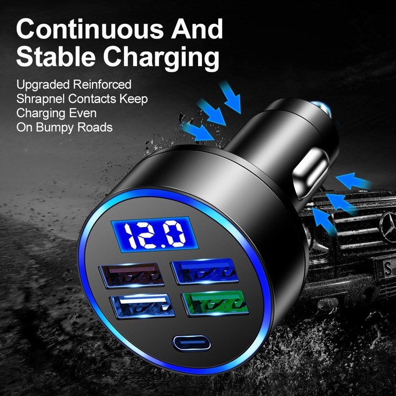 Adapter Charger Mobil 4 Port USB Tipe-C Fast Charging Bahan ABS Dengan Display Digital LED Untuk IPhone / Android