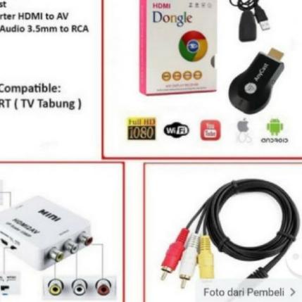 ANYCAST WIFI DONGLE + CONVENTER HDMI TO RCA + KABEL RCA KE TV TABUNG