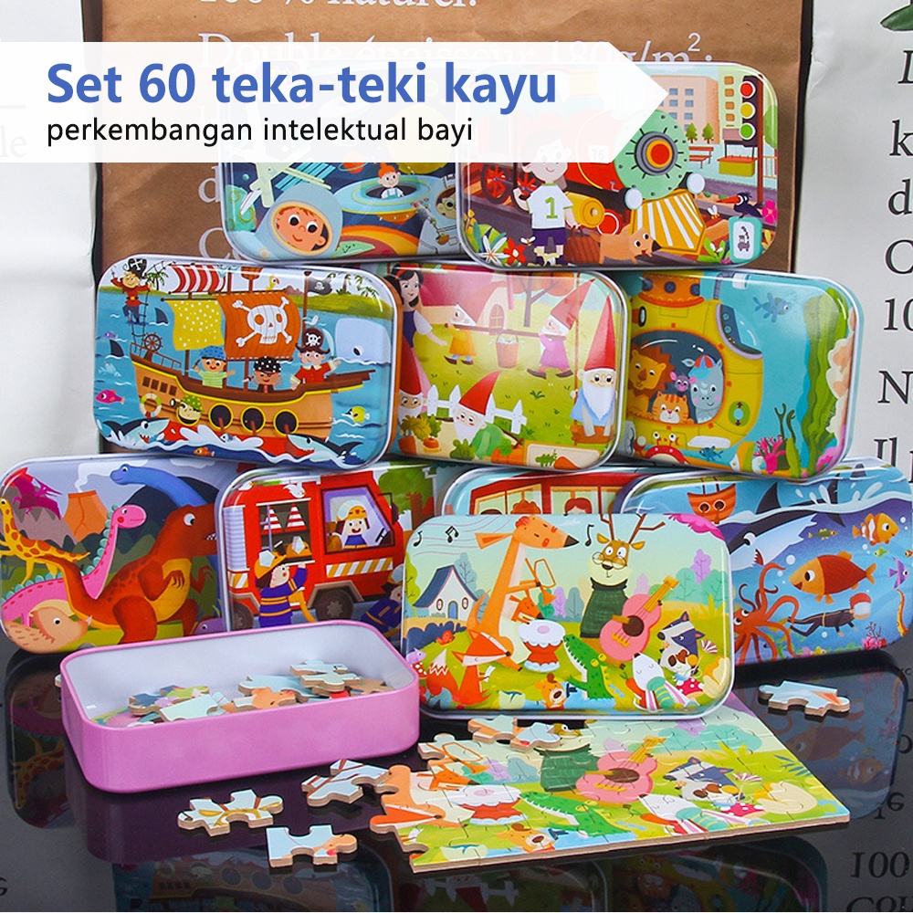 Halo Baby Puzzle Kayu Anak 60pcs Kotak Besi/Puzzle Kaleng Mainan Edukasi