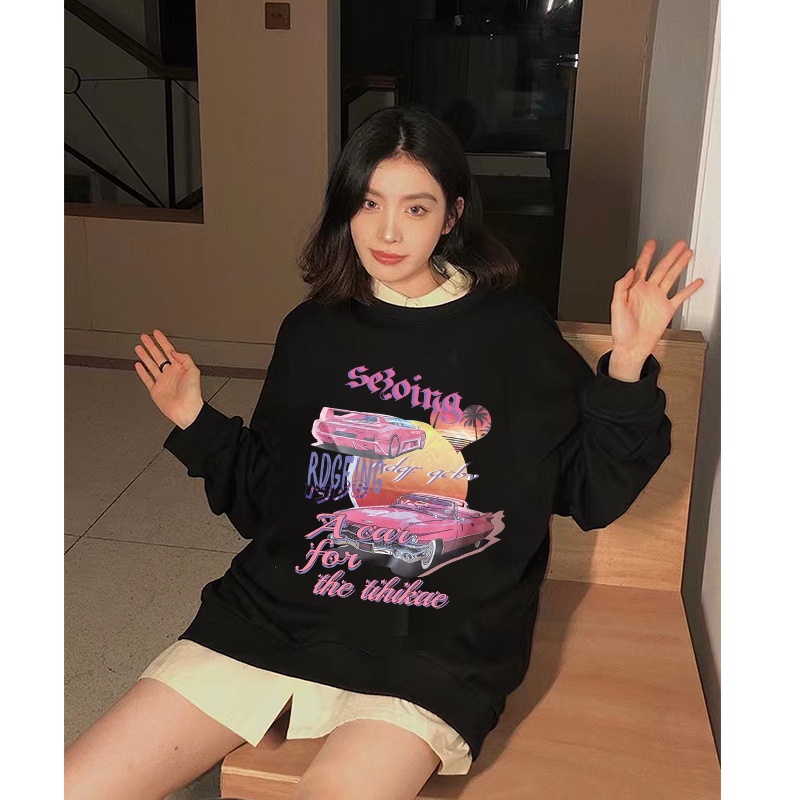 sweter wanita sweater oversize putih retro wanita korean style atasan baju wanita kekinian/American Vintage Girl Cartoon Graphic Priting