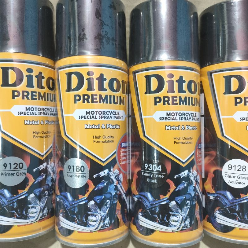 Pilok Cat Diton Premium Paket Lengkap 4 kaleng Candy Black Candi Tone Hitam 9304 Primer Grey Epoxy 9120 Silver Metalic 9180 Clear Glossy 9128 400cc Pilox Paketan Cat Semprot Special Spray Paint