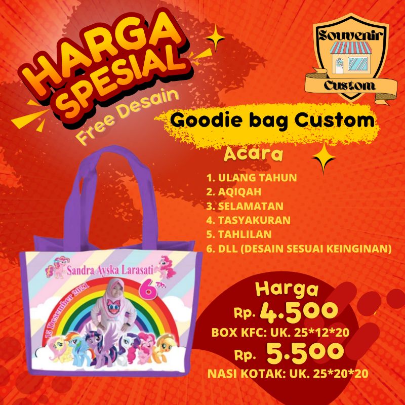 

Tas Goodie bag Custom Nama Foto Tulisan Termurah Untuk Aqiqah Ulang Tahun Motif Hello Kitty Kuda Ponny