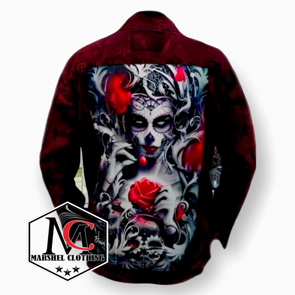 RCL - Jaket Jeans Printing Sanwash Maroon Gambar Ghost Flower