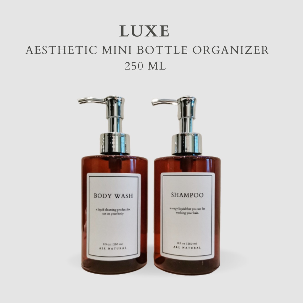 LUXE Botol MINI AMBER Label KOTAK PUTIH 250 ml Aesthetic Bottle Refill | Botol refill sabun /botol refill sabun/ botol isi ulang/botol sabun refill/botol sabun/botol pump/botol anak/bathroom organizer/bathroom amenities