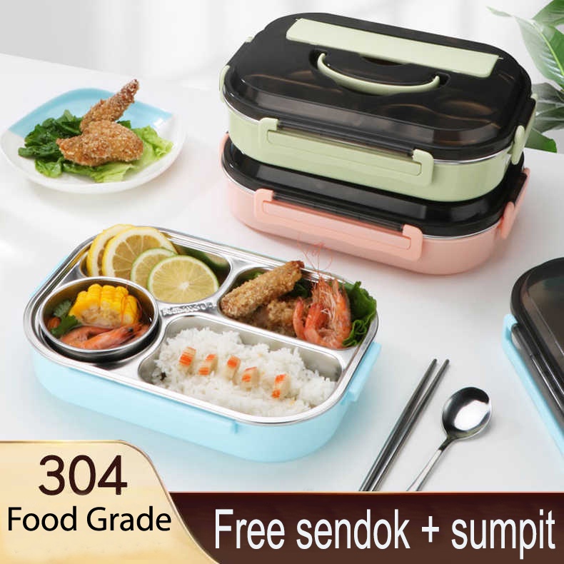 Lunch Box Stainless Tahan Panas Dan Anti Tumpah/Kotak Makan 4 SEKAT