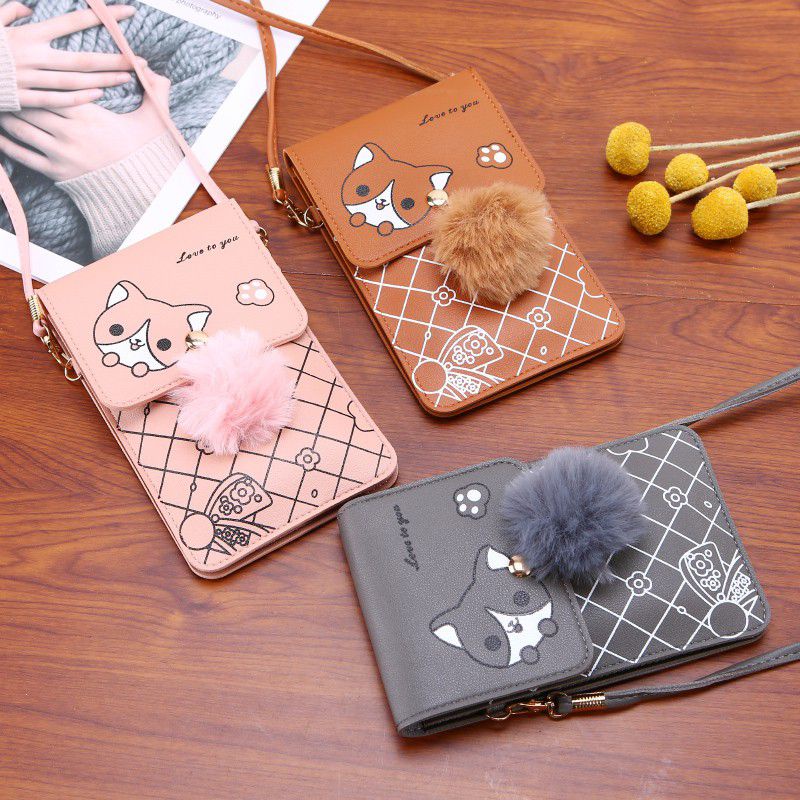 Tas Selempang Wanita Untuk HP Motif Animal free Gantungan Bulu Bola