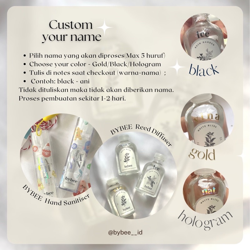 

[PO 1-3 hari] Addition : Stiker Custom Nama di Diffuser / Sanitizer | BYBEE