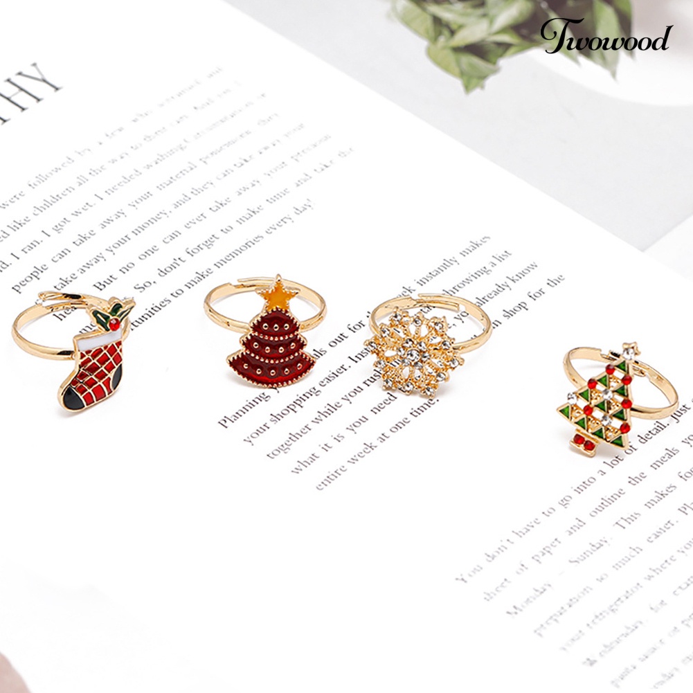 Cincin Desain Kartun Snowman Elk Pohon Natal Snowflake Bahan Alloy Untuk Anak