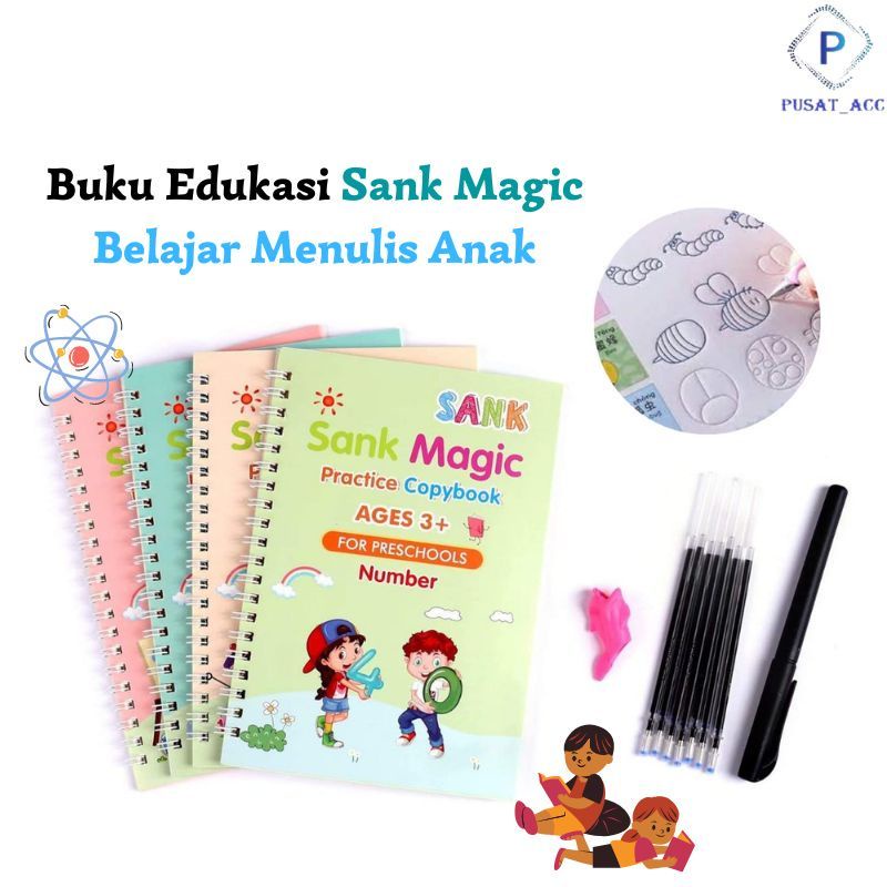 sank magic book set 4 book+ pulpen+refill buku menggambar menulis dan berhitung