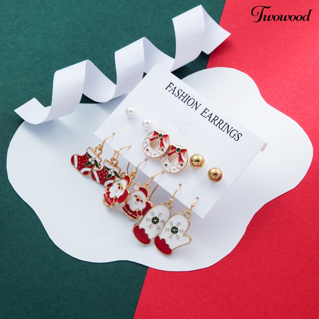 6 Pasang / Set Anting Stud Desain Geometrik Pohon Natal Rusa Snowman Santa Claus Bahan Enamel Untuk Hadiah