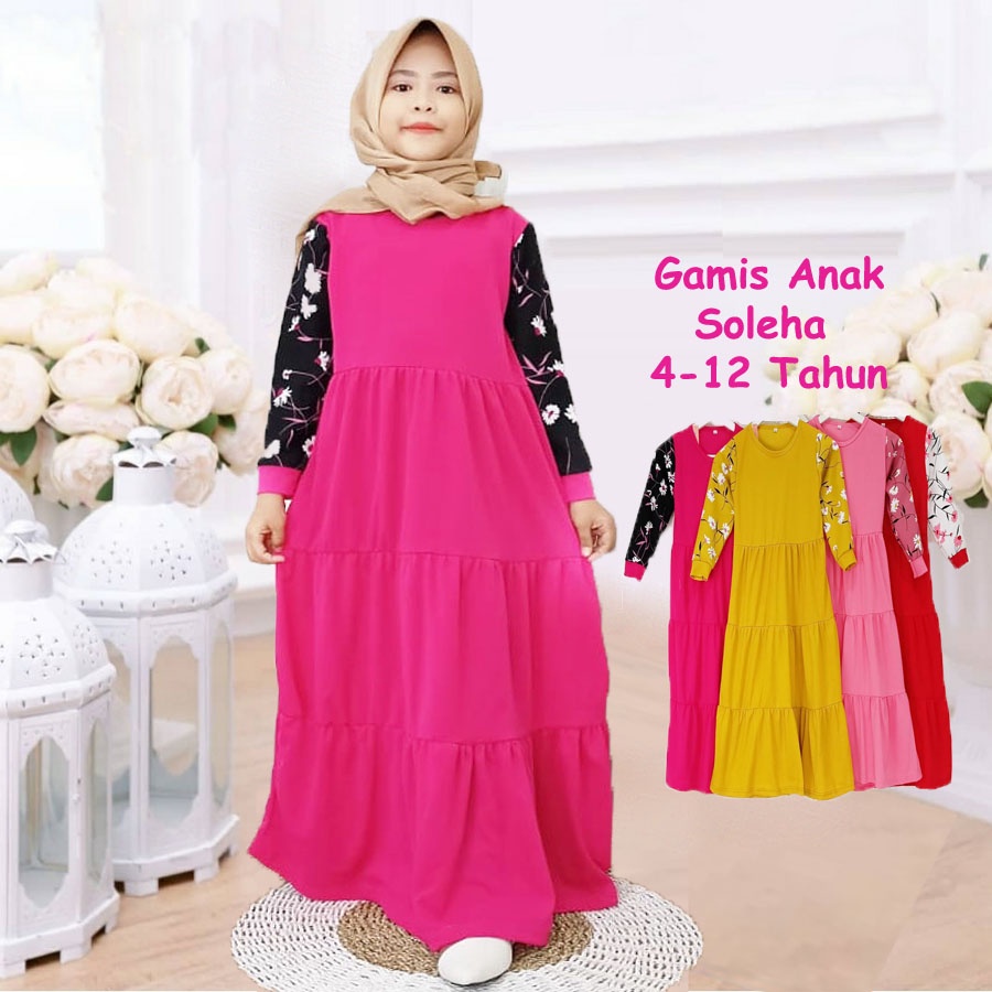 GAMIS ANAK SOLEHA 4-12tahun LENGAN BUNGA KERUT 3 TINGKAT GL FASHION