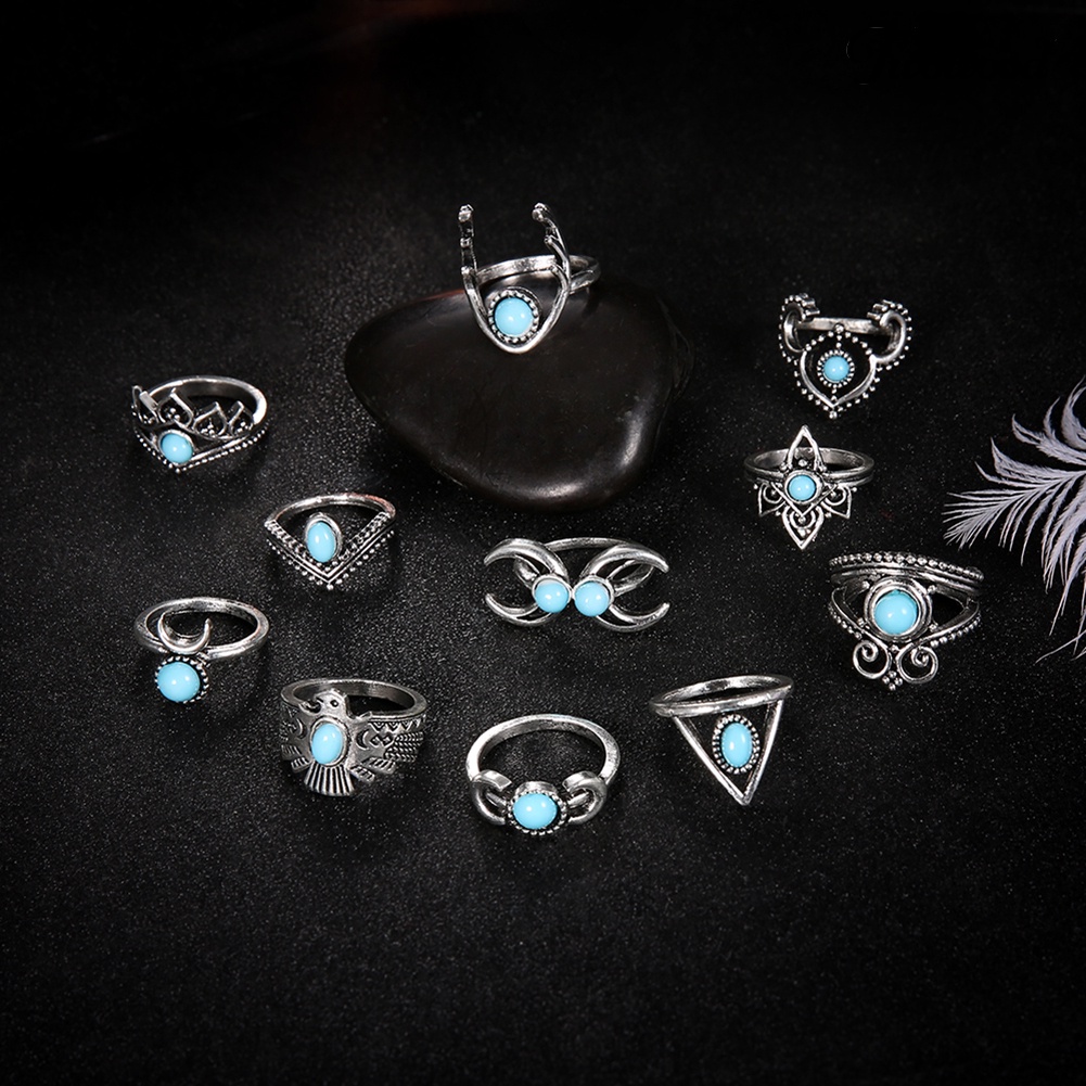 11pcs / Set Cincin Knuckle Turquoise Palsu Gaya Vintage Bohemia Untuk Wanita