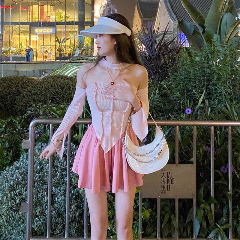 Suhao One-Piece/Jas Musim Panas Baru Niche Slim Seksi Lengan Panjang Halter T-shirt Atasan + Setengah Panjang Celana Pendek Rok Wanita